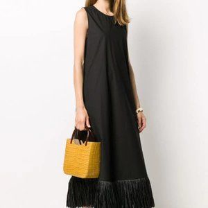 Sara Lanzi XS Black Fringe Sleeveless Midi Dress